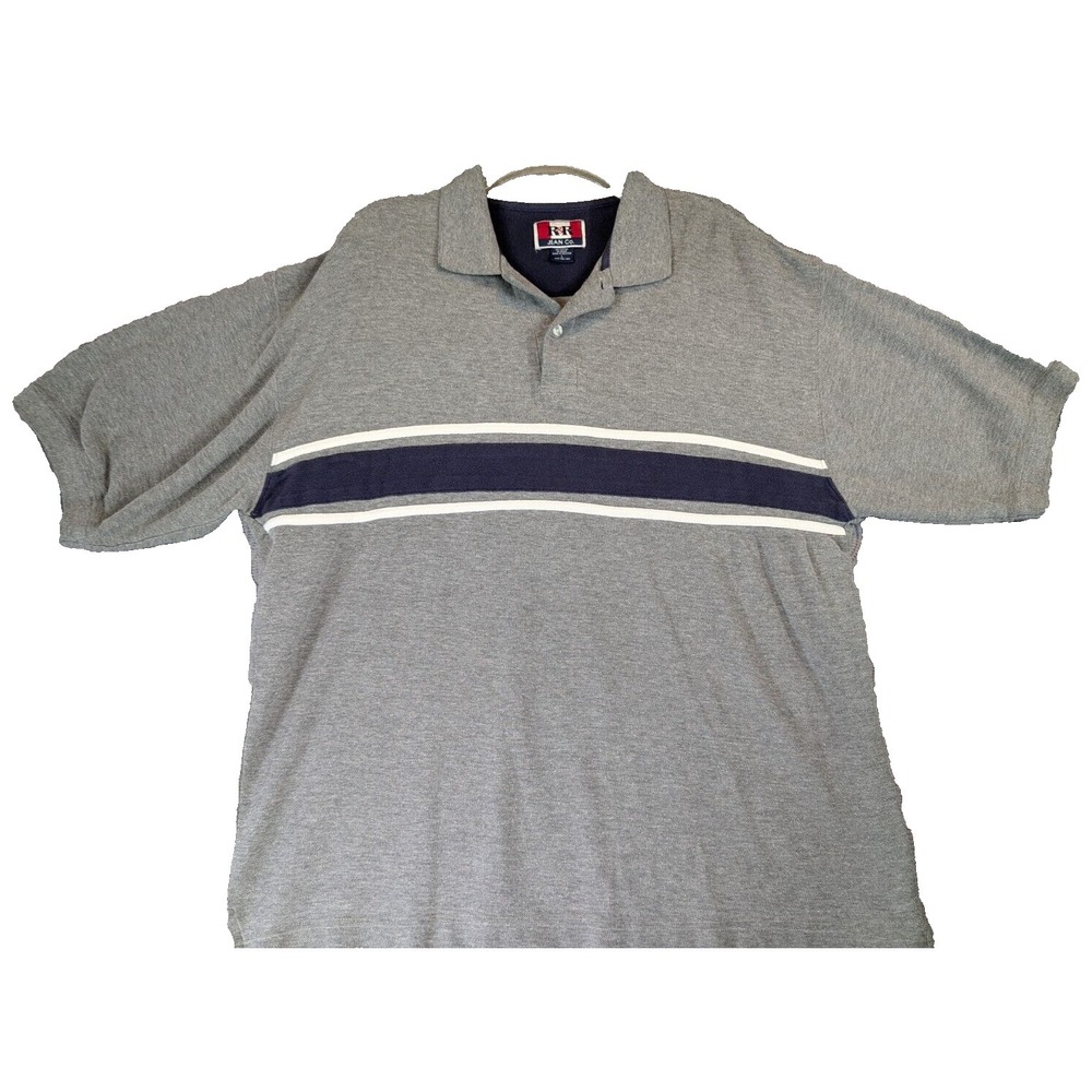 R&R Jean Co Polo Shirt Men's Large Gray With Navy White Stripes Short Sleeved